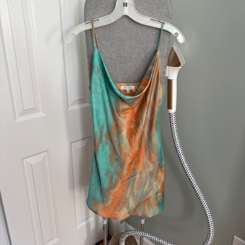 12th Tribe Satin Mini Dress S Aqua Orange Tie Dye Cowl Neck Y2K Vacation